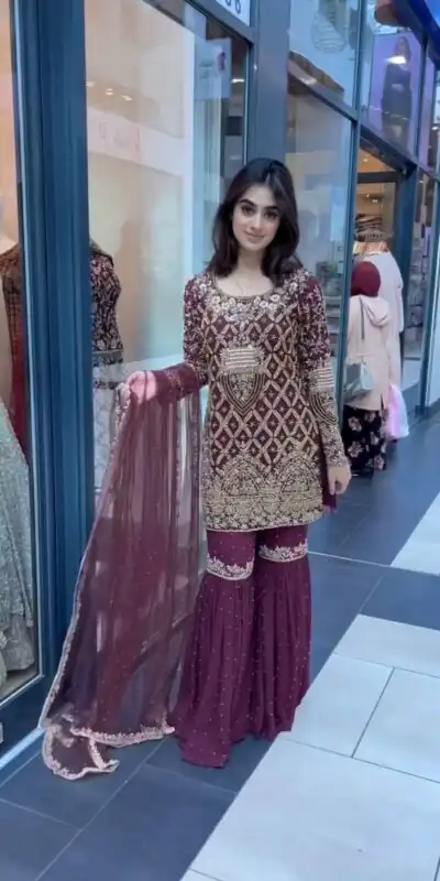 AD 093 Maroon Color Georgette Embroidery Work Sharara Suit Casual, Wedding, Party, Festive, Events Etc. Expected Delivery 4-6 Working Days @2099/- | Jump Suits, Salwar suit, Designer Suits, Casual Suits, Creative suits, Palazzo Suits, Party Wear Suits, Patiala Suits, Straight Suits