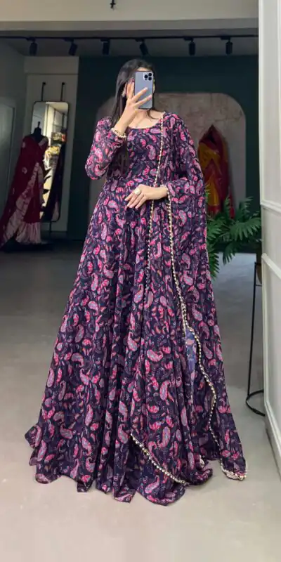 YNF 5008 Purple Color Georgette Floral Printed Party Wear Gown Casual, Wedding, Party, Festive, Events Etc. Expected Delivery 4-6 Working Days 1799/- | Gowns, Bollywood Gowns, Creative Gowns, Designer Gowns, Embroidered Gowns, Party Wear Gowns