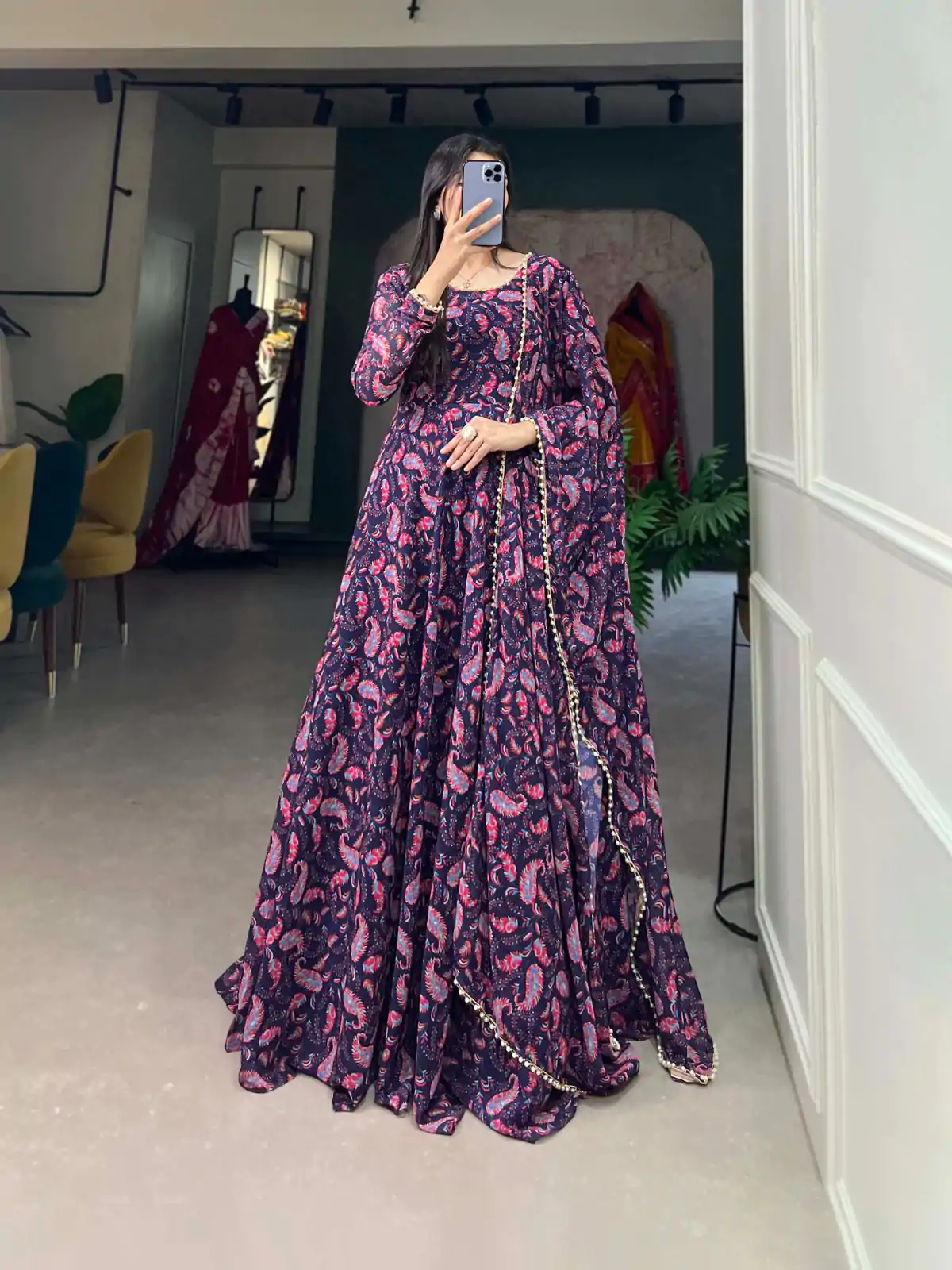 YNF 5008 Purple Color Georgette Floral Printed Party Wear Gown Casual, Wedding, Party, Festive, Events Etc. Expected Delivery 4-6 Working Days 1799/- | Gowns, Bollywood Gowns, Creative Gowns, Designer Gowns, Embroidered Gowns, Party Wear Gowns
