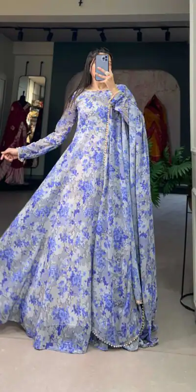 YNF 5008 Voilet Color Georgette Floral Printed Party Wear Gown Casual, Wedding, Party, Festive, Events Etc. Expected Delivery 4-6 Working Days 1799/- | Gowns, Bollywood Gowns, Creative Gowns, Designer Gowns, Embroidered Gowns, Party Wear Gowns