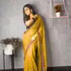 Brilliant Yellow Color Printed Georgette With Sequence Embroidery Lace Saree