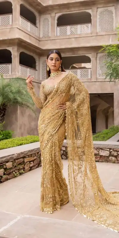 DF 3398 Golden Color Mono Butterfly Net Embroidery work Saree  Casual, Wedding, Festive, Events Etc. Expected Delivery 4-6 Working Days @1799/- | Sarees, Bollywood Sarees, Creative Sarees, Designer Sarees, Embroidered Sarees, Ethnic Saree, Modern Digital sarees, Party Wear Sarees