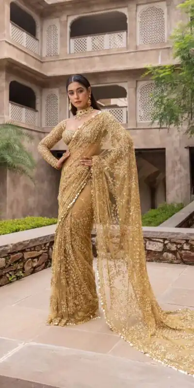 DF 3398 Golden Color Mono Butterfly Net Embroidery work Saree  Casual, Wedding, Festive, Events Etc. Expected Delivery 4-6 Working Days @1799/- | Sarees, Bollywood Sarees, Creative Sarees, Designer Sarees, Embroidered Sarees, Ethnic Saree, Modern Digital sarees, Party Wear Sarees