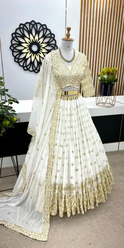 ZSR 3061 White Color Faux Georgette With Heavy Embroidery Sequence Work Lehenga Choli Wedding, Party, Events Etc. Expected Delivery 4-6 Working Days 2299/- | Lehenga, Bollywood Lehenga, Creative Lehenga, Designer Lehenga, Embroidered Lehenga, Party Wear Lehenga