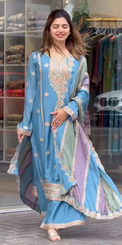 AD 145 Blue Color Georgette Embroidery Work Sharara Suit Wedding, Party, Festive, Events Etc. Expected Delivery  4-6 Working Days @2099/- | Jump Suits, Salwar suit, Designer Suits, Casual Suits, Creative suits, Palazzo Suits, Party Wear Suits, Patiala Suits, Straight Suits