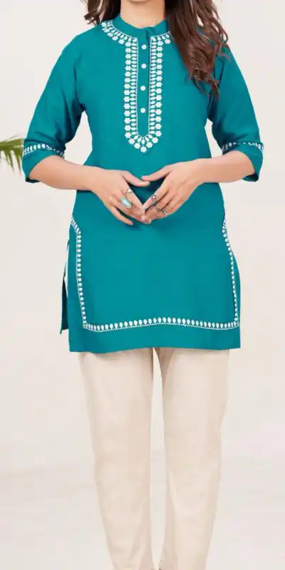  INLI Zia Blue  Color Rayon With Embroidery work Kurti Casual, Wedding, Party, Festive, Events Etc. Expected Delivery 4-6 Working Days @1299/- | Kurti, Bollywood Kurti, Creative Kurtis, Designer Kurti, Party Wear Kurti, Selfie Kurti