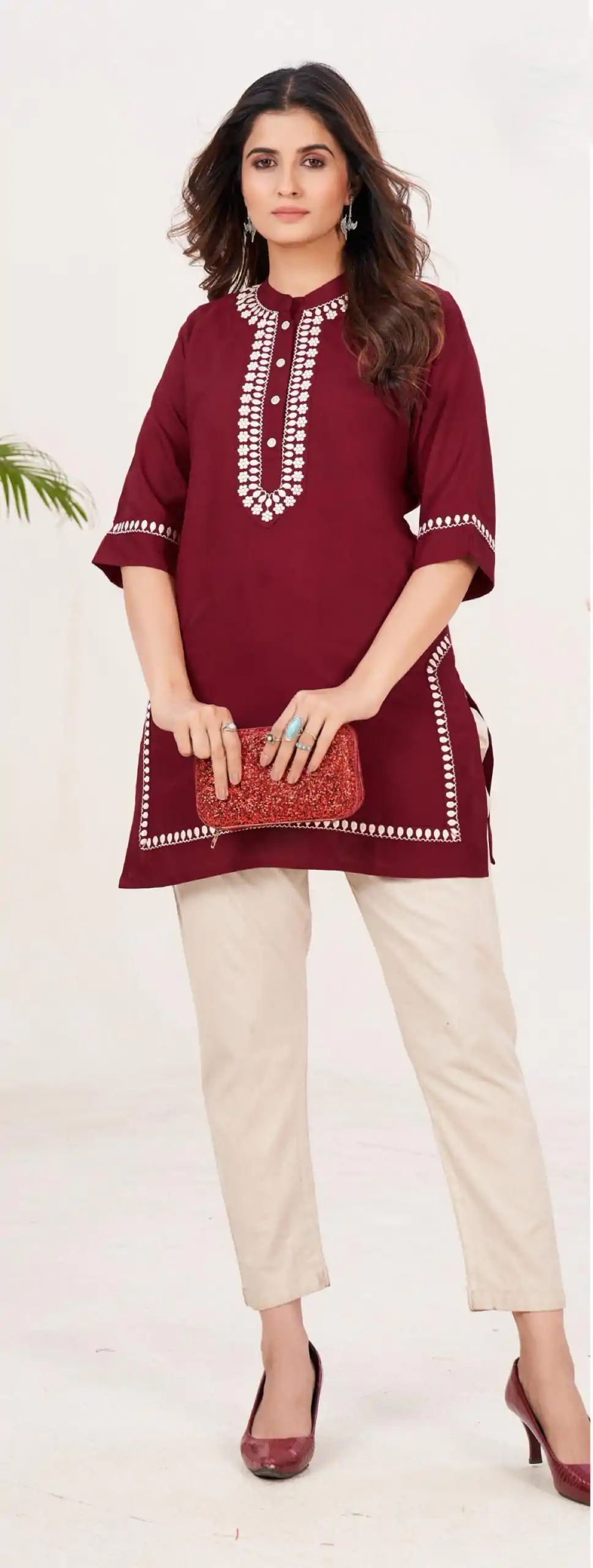 INLI Zia Wine Color Rayon With Embroidery work Kurti Casual, Wedding, Party, Festive, Events Etc. Expected Delivery 4-6 Working Days @1299/- | Kurti, Bollywood Kurti, Creative Kurtis, Designer Kurti, Party Wear Kurti, Selfie Kurti