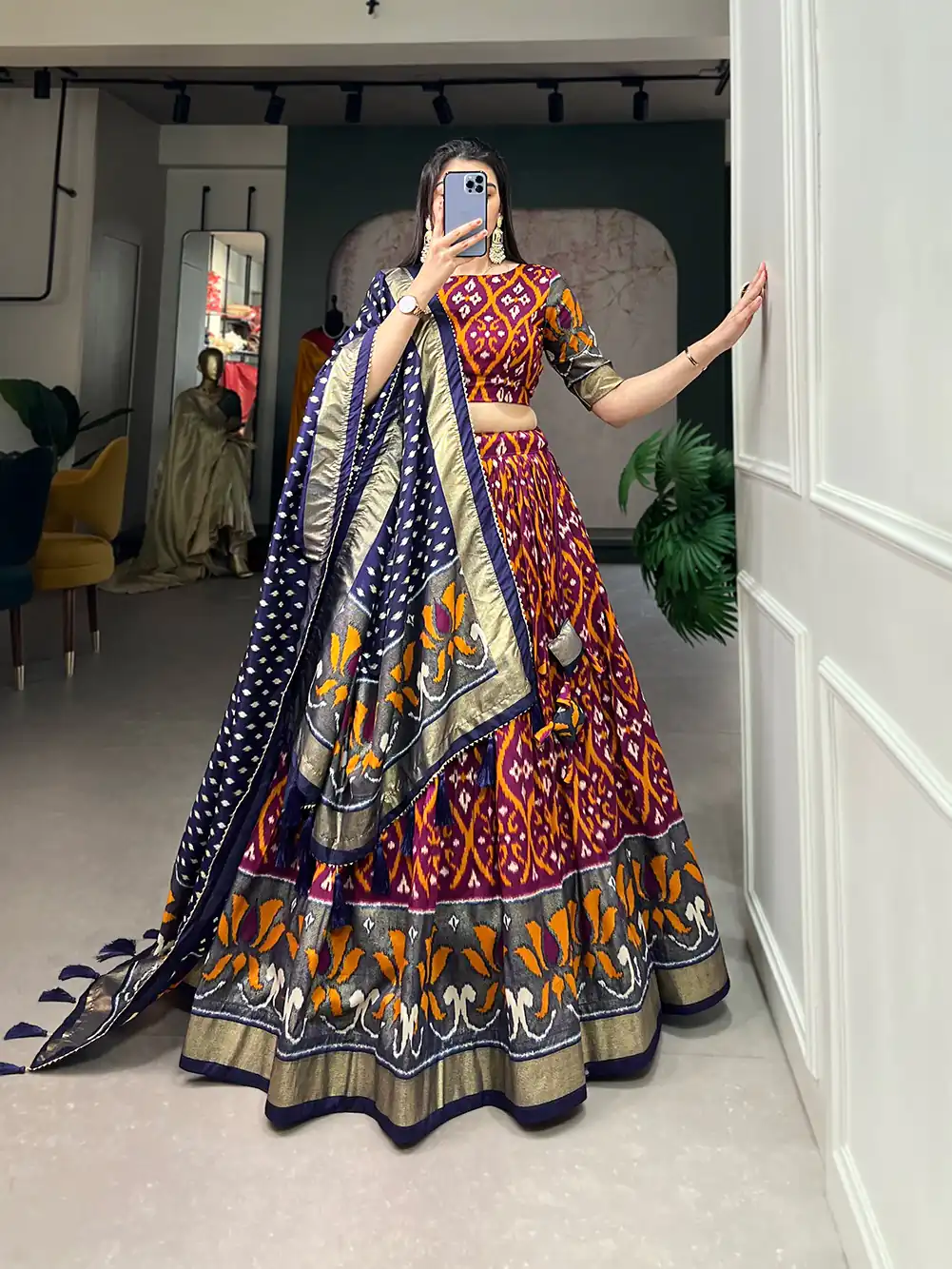 LNB 1615 Multi Color Tussar Silk Drawstring & Printed With Foil Print & Heavy Tassels Lehenga Choli   Expected Delivery 4-6 Working Days 2449/- | Lehenga, Bollywood Lehenga, Creative Lehenga, Designer Lehenga, Embroidered Lehenga, Party Wear Lehenga