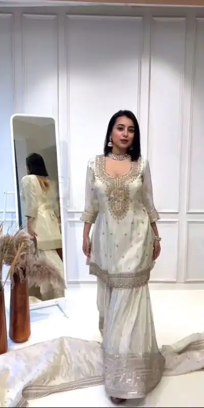 NSR 800 White Color Heavy Chinnon Silk Embroidery Sequence Work Sharara Suit Casual, Party Festive, Events Etc. Expected Delivery 4-6 Working Days @2149 | Jump Suits, Salwar suit, Designer Suits, Casual Suits, Creative suits, Palazzo Suits, Party Wear Suits, Patiala Suits, Straight Suits