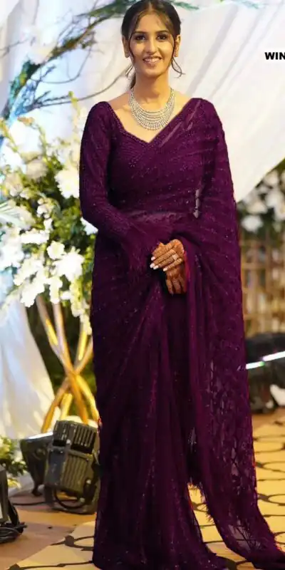 DF 3369 Wine Color Mono Net Sequins Embroidery work Saree Casual, Wedding, Festive, Events Etc. Expected Delivery 4-6 Working Days @1699/- | Sarees, Bollywood Sarees, Creative Sarees, Designer Sarees, Embroidered Sarees, Ethnic Saree, Modern Digital sarees, Party Wear Sarees