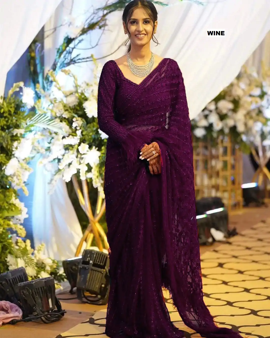 DF 3369 Wine Color Mono Net Sequins Embroidery work Saree Casual, Wedding, Festive, Events Etc. Expected Delivery 4-6 Working Days @1699/- | Sarees, Bollywood Sarees, Creative Sarees, Designer Sarees, Embroidered Sarees, Ethnic Saree, Modern Digital sarees, Party Wear Sarees