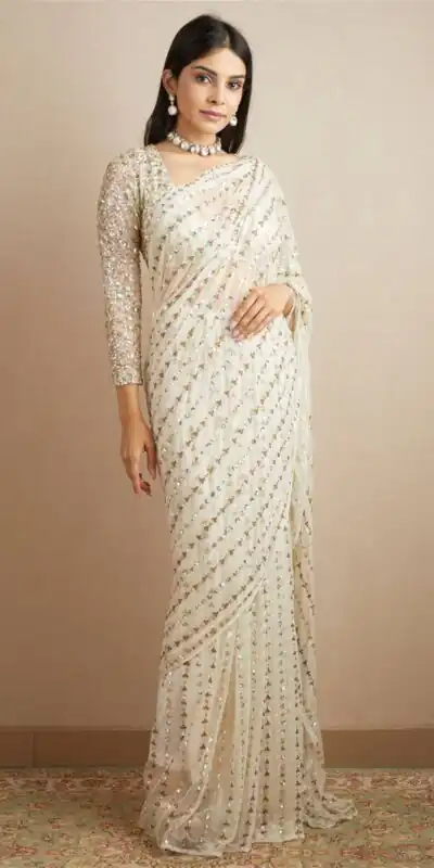 JR 602 White Color Georgette Embroidery Sequence Work Saree Casual, Party Wear, Wedding, Events Etc. Expected Delivery 4-6 Working Days @1649/- | Sarees, Bollywood Sarees, Creative Sarees, Designer Sarees, Embroidered Sarees, Ethnic Saree, Modern Digital sarees, Party Wear Sarees