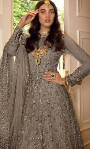 FC 194 Grey Color Net Embroidery And Mirror work Anarkali Suit Wedding, Party, Festive, Events Etc. Expected 4-6 Working Days @1999/- | Anarkali Suits, Bollywood Anarkali, Creative-Anarkali, Designer Anarkali, Embroidered Anarkali, Party Wear Anarkali