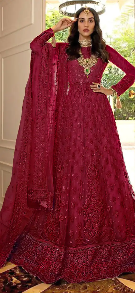 FC 194 Red Color Net Embroidery And Mirror work Anarkali Suit Wedding, Party, Festive, Events Etc. Expected 4-6 Working Days @1999/- | Anarkali Suits, Bollywood Anarkali, Creative-Anarkali, Designer Anarkali, Embroidered Anarkali, Party Wear Anarkali
