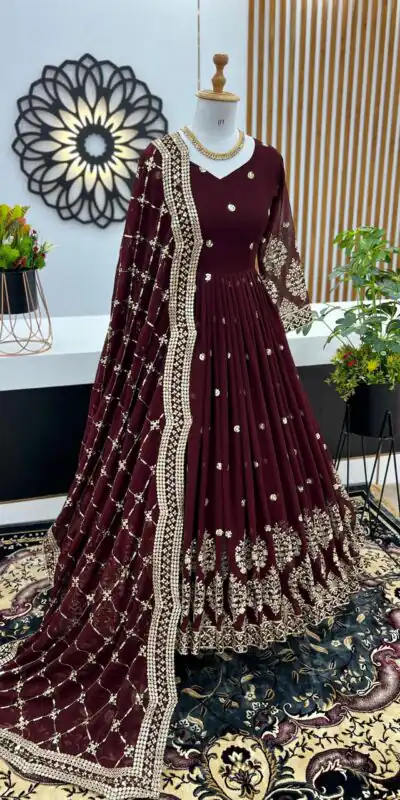ZF 359 Dark Brown Color Georgette Embroidery Sequence Work Gown Casual, Wedding, Party, Festive, Events Etc. Expected Delivery 4-6 Working Days @1999/- | Gowns, Bollywood Gowns, Creative Gowns, Designer Gowns, Embroidered Gowns, Party Wear Gowns