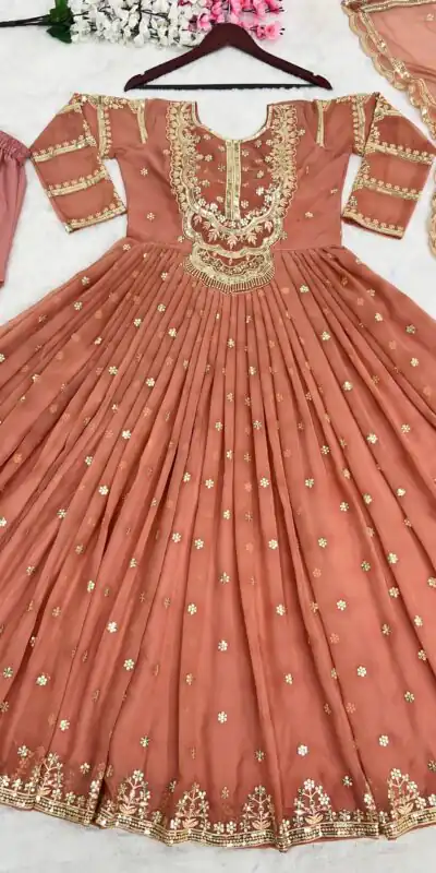 ZSR-3021 Peach Color Gown : Fox Georgette Work : Embroidery Sequence Work Inner : Micro Cotton Traditional Wear, Wedding, Festive, Events. @1999/- | Gowns, Bollywood Gowns, Creative Gowns, Designer Gowns, Embroidered Gowns, Party Wear Gowns