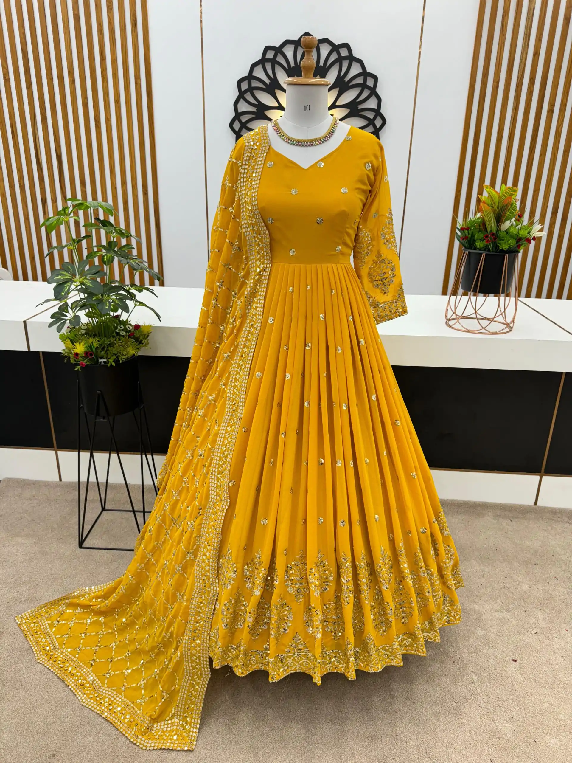 ZF 359 Yellow Color Georgette Embroidery Sequence Work Gown Casual, Wedding, Party, Festive, Events Etc. Expected Delivery 4-6 Working Days @1999/- | Gowns, Bollywood Gowns, Creative Gowns, Designer Gowns, Embroidered Gowns, Party Wear Gowns