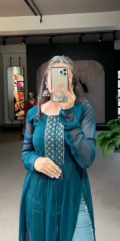 YNF 3501 Peacock Blue Color Georgette Sequins Embroidery work Kurti Casual, Wedding, Party, Festive, Events Etc. Expected Delivery 4-6 Working Days @1399/- | Kurti, Bollywood Kurti, Creative Kurtis, Designer Kurti, Party Wear Kurti, Selfie Kurti