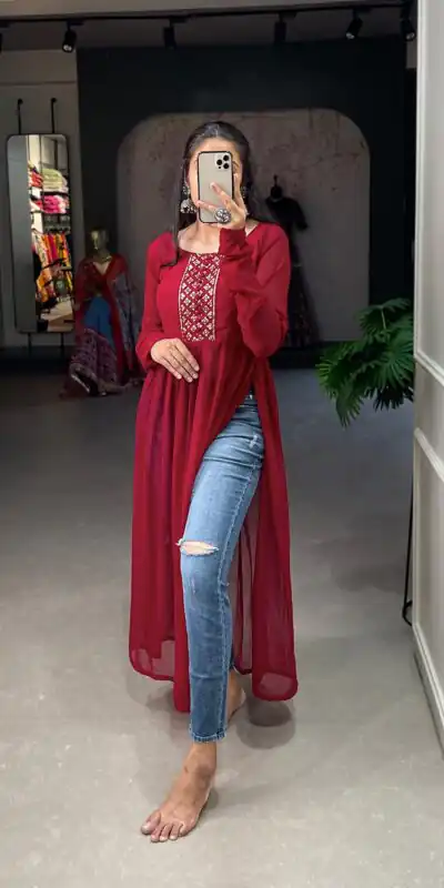 YNF 3501 Red Color Georgette Sequins Embroidery work Kurti Casual, Wedding, Party, Festive, Events Etc. Expected Delivery 4-6 Working Days @1399/- | Kurti, Bollywood Kurti, Creative Kurtis, Designer Kurti, Party Wear Kurti, Selfie Kurti