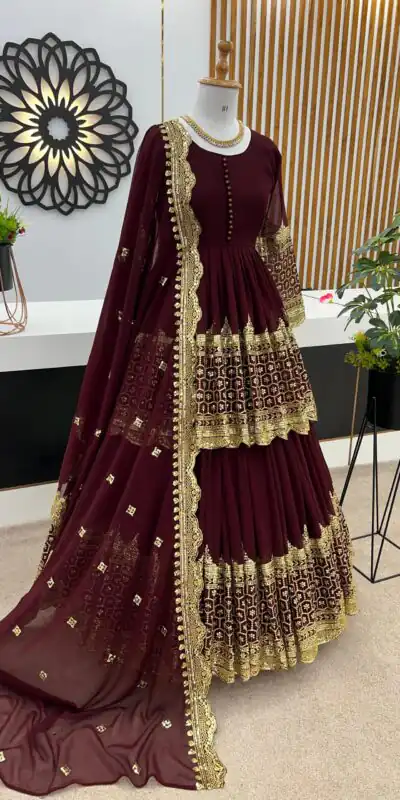 ZF 362 Dark Maroon Faux Georgette With Heavy Embroidery Sequence Work Lehenga Choli Wedding, Party, Events Etc. Expected Delivery 4-6 Working Days 2099/- | Lehenga, Bollywood Lehenga, Creative Lehenga, Designer Lehenga, Embroidered Lehenga, Party Wear Lehenga