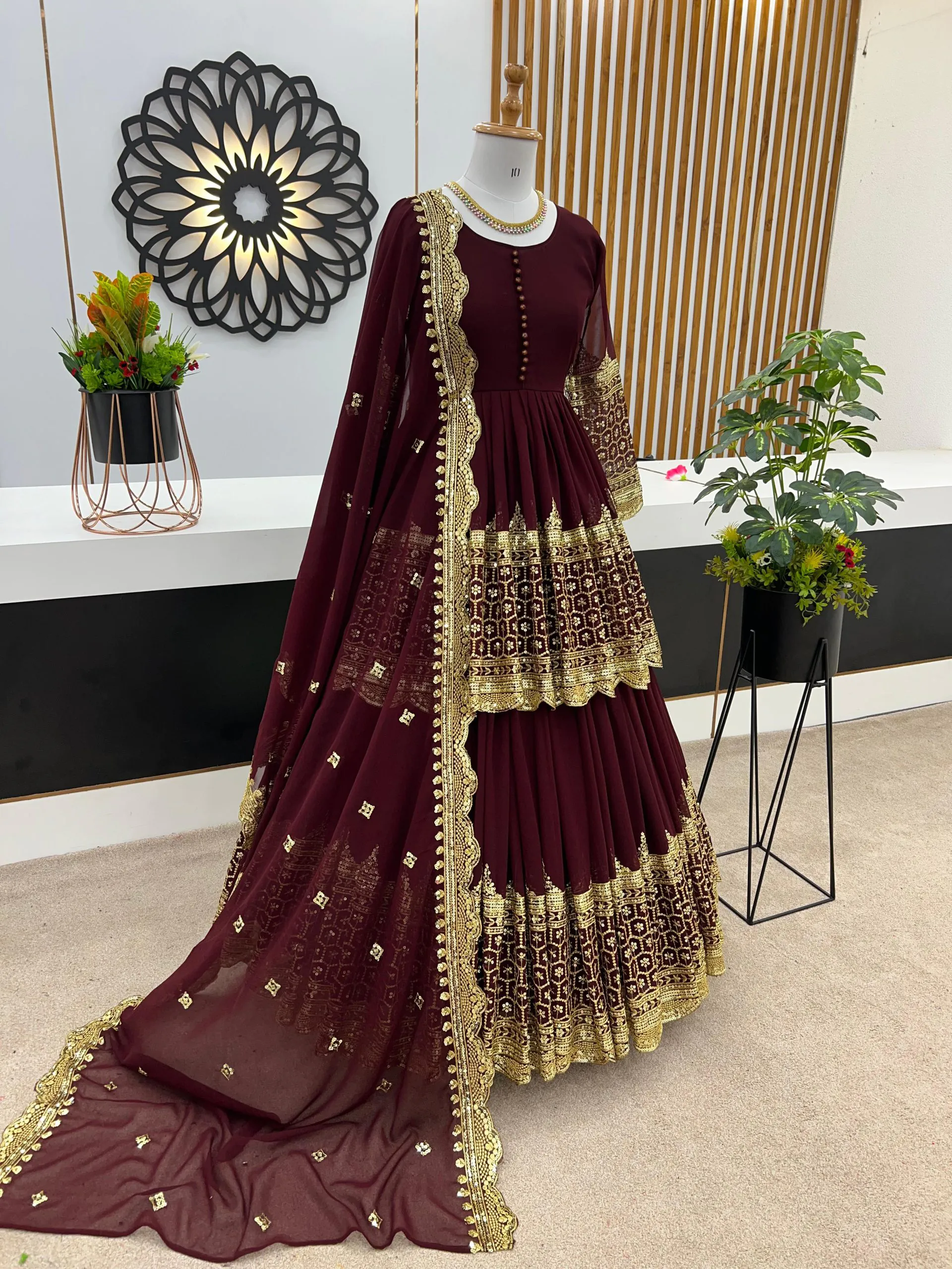 ZF 362 Dark Maroon Faux Georgette With Heavy Embroidery Sequence Work Lehenga Choli Wedding, Party, Events Etc. Expected Delivery 4-6 Working Days 2099/- | Lehenga, Bollywood Lehenga, Creative Lehenga, Designer Lehenga, Embroidered Lehenga, Party Wear Lehenga