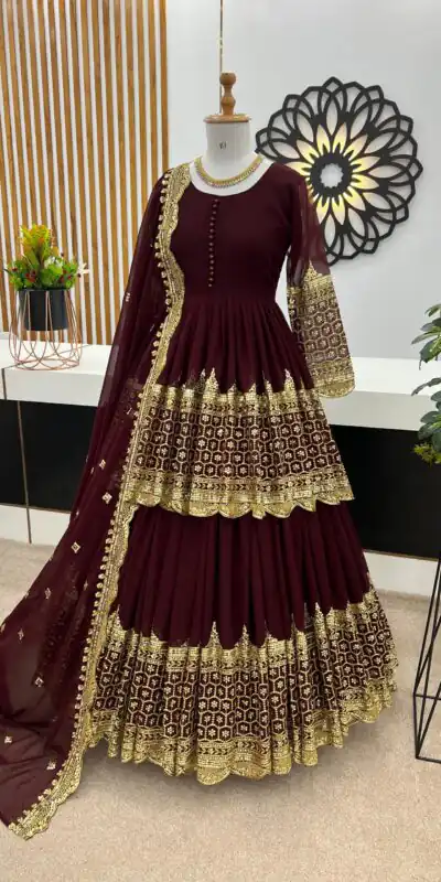 ZF 362 Dark Maroon Faux Georgette With Heavy Embroidery Sequence Work Lehenga Choli Wedding, Party, Events Etc. Expected Delivery 4-6 Working Days 2099/- | Lehenga, Bollywood Lehenga, Creative Lehenga, Designer Lehenga, Embroidered Lehenga, Party Wear Lehenga