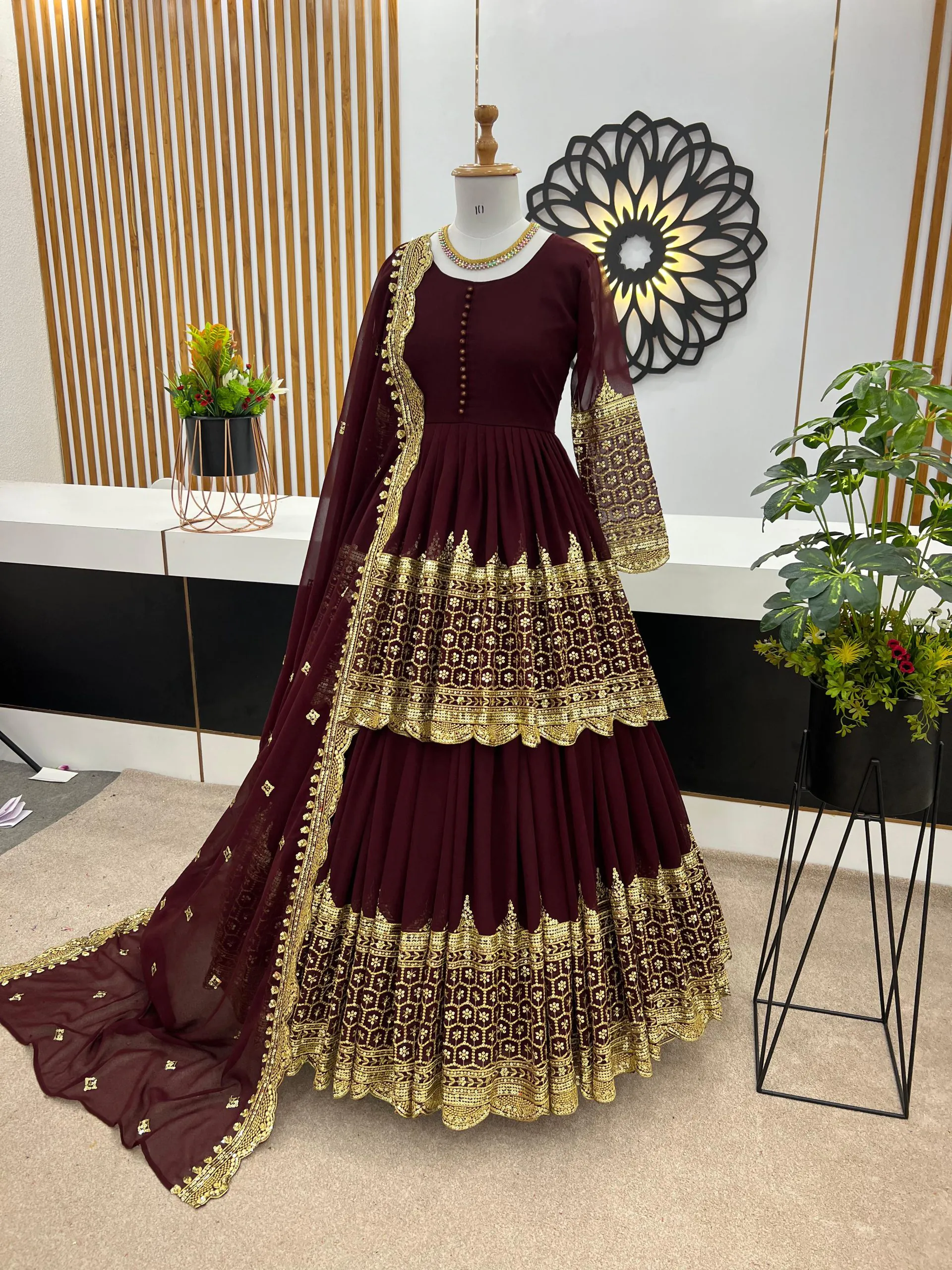 ZF 362 Dark Maroon Faux Georgette With Heavy Embroidery Sequence Work Lehenga Choli Wedding, Party, Events Etc. Expected Delivery 4-6 Working Days 2099/- | Lehenga, Bollywood Lehenga, Creative Lehenga, Designer Lehenga, Embroidered Lehenga, Party Wear Lehenga