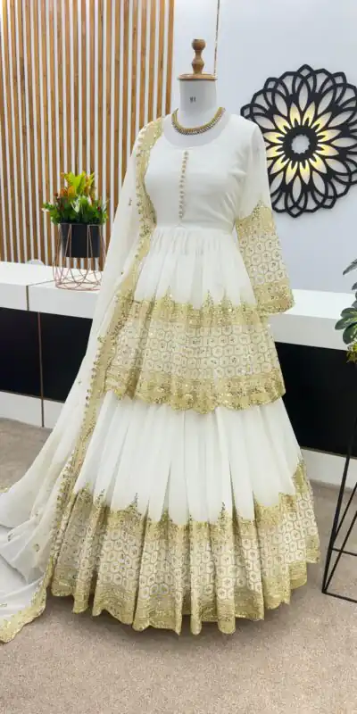 ZF 362 White Color Faux Georgette With Heavy Embroidery Sequence Work Lehenga Choli Wedding, Party, Events Etc. Expected Delivery 4-6 Working Days 2099/- | Lehenga, Bollywood Lehenga, Creative Lehenga, Designer Lehenga, Embroidered Lehenga, Party Wear Lehenga