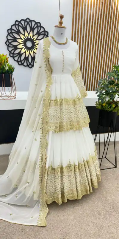 ZF 362 White Color Faux Georgette With Heavy Embroidery Sequence Work Lehenga Choli Wedding, Party, Events Etc. Expected Delivery 4-6 Working Days 2099/- | Lehenga, Bollywood Lehenga, Creative Lehenga, Designer Lehenga, Embroidered Lehenga, Party Wear Lehenga