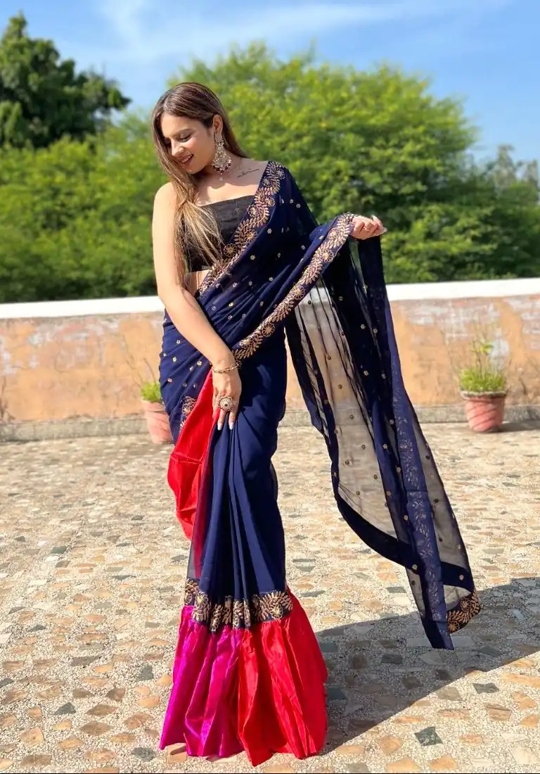 JR 612 Navy Blue Color Georgette With Embroidery Work Saree Casual, Party Wear, Wedding, Events Etc. Expected Delivery 4-6 Working Days 1649/- | Sarees, Bollywood Sarees, Creative Sarees, Designer Sarees, Embroidered Sarees, Ethnic Saree, Modern Digital sarees, Party Wear Sarees