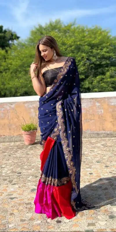 JR 612 Navy Blue Color Georgette With Embroidery Work Saree Casual, Party Wear, Wedding, Events Etc. Expected Delivery 4-6 Working Days 1649/- | Sarees, Bollywood Sarees, Creative Sarees, Designer Sarees, Embroidered Sarees, Ethnic Saree, Modern Digital sarees, Party Wear Sarees