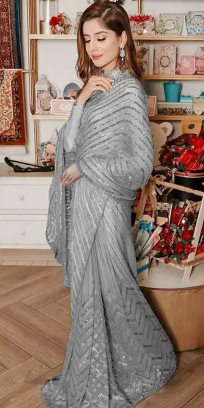 DF 3387 Grey Color Georgette Multi & Sequins Embroidery Work With Saree Casual, Party Wear, Wedding, Events Etc. Expected Delivery 4-6 Working Days 1699/- | Sarees, Bollywood Sarees, Creative Sarees, Designer Sarees, Embroidered Sarees, Ethnic Saree, Modern Digital sarees, Party Wear Sarees