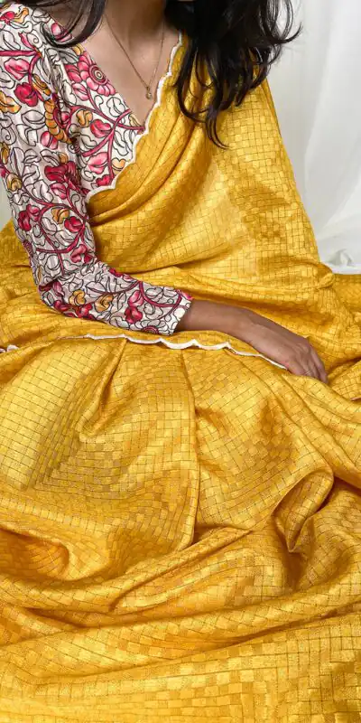 YNF 7706 Yellow :Saree Fabric Gadhawal Chex :Saree Work :Arca Work Blouse Fabric : Linan patta silk Party wear Designer Saree @1349 | Sarees, Bollywood Sarees, Creative Sarees, Designer Sarees, Modern Digital sarees, Party Wear Sarees