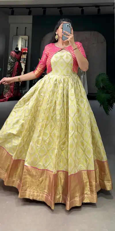 YNF 5301 Yellow Color Gown : Georgette Work : Printed Casual, Wedding, Festive, Events, Designer Party Wear, White Gown @1649/- | Gowns, Bollywood Gowns, Creative Gowns, Designer Gowns, Embroidered Gowns, Party Wear Gowns