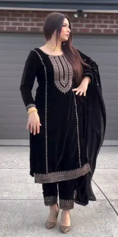 ZSR-3046 Black Color Salwar Suit Viscose Velvet with Embroidery Sequence Work Inner : Micro Cotton Traditional Wear, Wedding, Festive, Events. @2199/- | Salwar suit, Designer Suits, Casual Suits, Creative suits, Party Wear Suits, Straight Suits