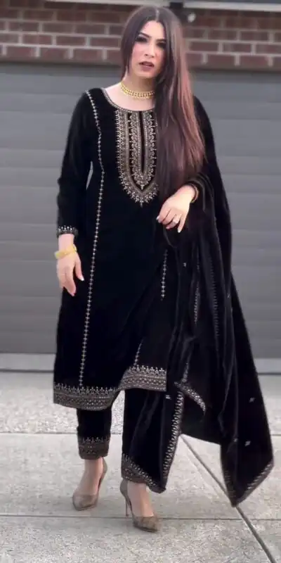 ZSR-3046 Black Color Salwar Suit Viscose Velvet with Embroidery Sequence Work Inner : Micro Cotton Traditional Wear, Wedding, Festive, Events. @2199/- | Salwar suit, Designer Suits, Casual Suits, Creative suits, Party Wear Suits, Straight Suits