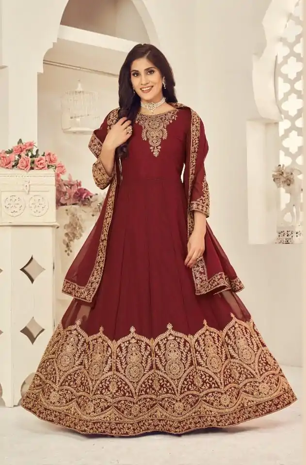 DS 1123 Maroon color Georgette Cording Stone Work Anarkali Suit Wedding, Party, Festive, Events Etc. Expected Delivery 4-6 Working Days @2199/- | Anarkali Suits, Bollywood Anarkali, Creative-Anarkali, Designer Anarkali, Embroidered Anarkali, Party Wear Anarkali