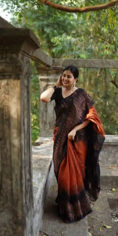 KP 5053 Black & Orange Color Soft Lilan Slab Weaving Work Saree Casual, Party Wear, Wedding, Events Etc. Expected Delivery 4-6 Working Days @1499/- | Sarees, Bollywood Sarees, Creative Sarees, Designer Sarees, Embroidered Sarees, Ethnic Saree, Modern Digital sarees, Party Wear Sarees