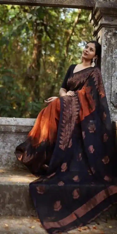 KP 5053 Black & Orange Color Soft Lilan Slab Weaving Work Saree Casual, Party Wear, Wedding, Events Etc. Expected Delivery 4-6 Working Days @1499/- | Sarees, Bollywood Sarees, Creative Sarees, Designer Sarees, Embroidered Sarees, Ethnic Saree, Modern Digital sarees, Party Wear Sarees
