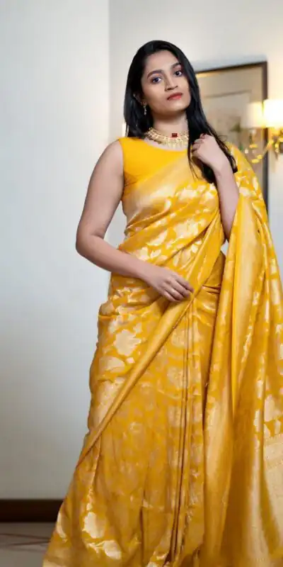 DDF Yellow Flower Soft Lichi Silk With Ordinary Design Saree Casual, Party Wear, Wedding, Events, Etc. Expected Delivery 4-6 Working Days 1399/- | Sarees, Bollywood Sarees, Creative Sarees, Designer Sarees, Embroidered Sarees, Ethnic Saree, Modern Digital sarees, Party Wear Sarees