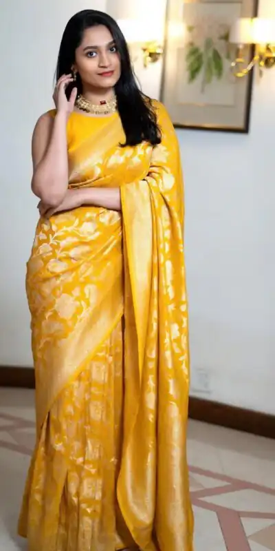 DDF Yellow Flower Soft Lichi Silk With Ordinary Design Saree Casual, Party Wear, Wedding, Events, Etc. Expected Delivery 4-6 Working Days 1399/- | Sarees, Bollywood Sarees, Creative Sarees, Designer Sarees, Embroidered Sarees, Ethnic Saree, Modern Digital sarees, Party Wear Sarees