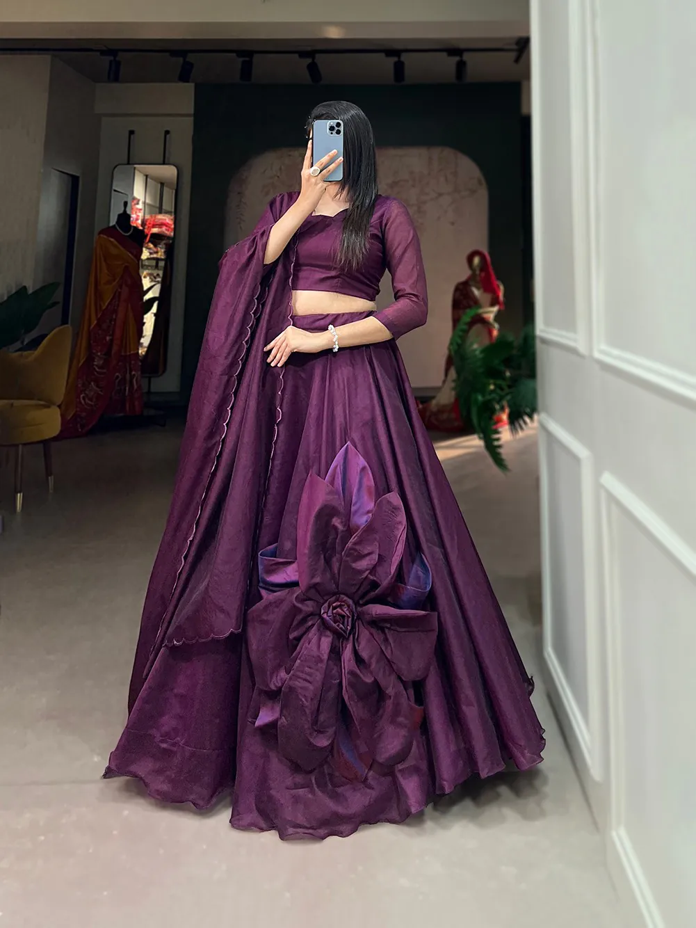 LNB1650 Purple Color Rajwadi Chanderi Silk Lehenga Choli Hand Made Flowers Traditional, Festive, Party, Wedding, Events Wear 4-6 Working Days @1999/- | Lehenga, Bollywood Lehenga, Creative Lehenga, Designer Lehenga, Embroidered Lehenga, Party Wear Lehenga