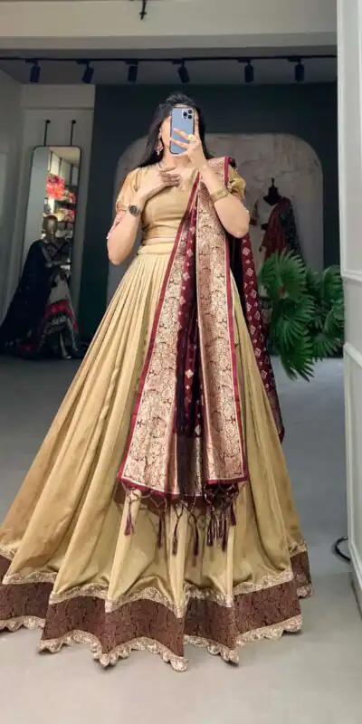 LNB2014 Chickoo Color Vichitra Silk Jacquard Lace Lehenga Choli Traditional, Festive, Party, Wedding, Events,etc. Expected Delivery 4-6 Working Days @1999/- | Lehenga, Bollywood Lehenga, Creative Lehenga, Designer Lehenga, Embroidered Lehenga, Party Wear Lehenga