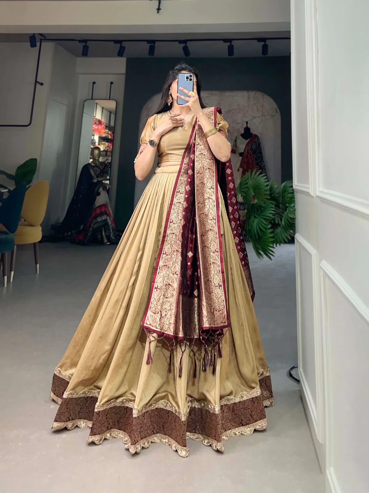 LNB2014 Chickoo Color Vichitra Silk Jacquard Lace Lehenga Choli Traditional, Festive, Party, Wedding, Events,etc. Expected Delivery 4-6 Working Days @1999/- | Lehenga, Bollywood Lehenga, Creative Lehenga, Designer Lehenga, Embroidered Lehenga, Party Wear Lehenga