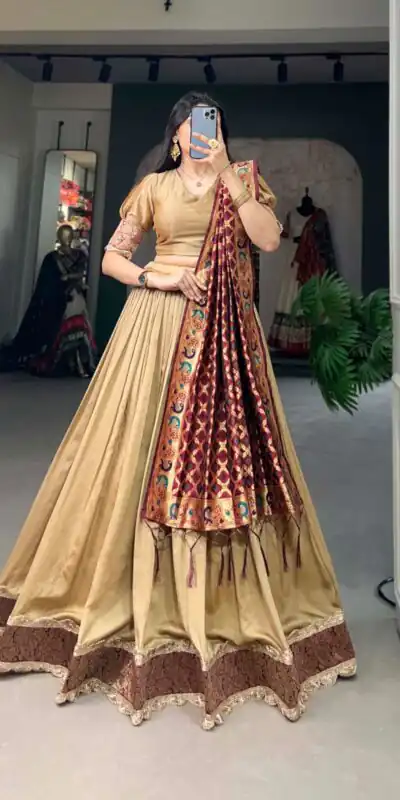 LNB2014 Chickoo Color Vichitra Silk Jacquard Lace Lehenga Choli Traditional, Festive, Party, Wedding, Events,etc. Expected Delivery 4-6 Working Days @1999/- | Lehenga, Bollywood Lehenga, Creative Lehenga, Designer Lehenga, Embroidered Lehenga, Party Wear Lehenga