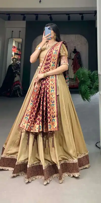 LNB2014 Chickoo Color Vichitra Silk Jacquard Lace Lehenga Choli Traditional, Festive, Party, Wedding, Events,etc. Expected Delivery 4-6 Working Days @1999/- | Lehenga, Bollywood Lehenga, Creative Lehenga, Designer Lehenga, Embroidered Lehenga, Party Wear Lehenga