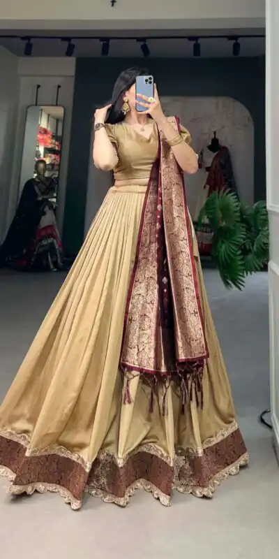 LNB2014 Chickoo Color Vichitra Silk Jacquard Lace Lehenga Choli Traditional, Festive, Party, Wedding, Events,etc. Expected Delivery 4-6 Working Days @1999/- | Lehenga, Bollywood Lehenga, Creative Lehenga, Designer Lehenga, Embroidered Lehenga, Party Wear Lehenga