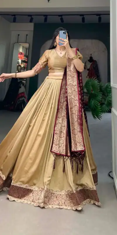 LNB2014 Chickoo Color Vichitra Silk Jacquard Lace Lehenga Choli Traditional, Festive, Party, Wedding, Events,etc. Expected Delivery 4-6 Working Days @1999/- | Lehenga, Bollywood Lehenga, Creative Lehenga, Designer Lehenga, Embroidered Lehenga, Party Wear Lehenga