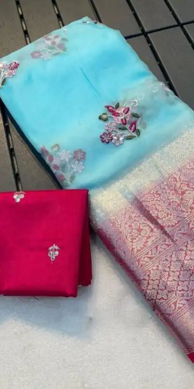 MS 431 Blue Color Nylon Organza Jacquard Embroidered Saree Casual, Party Wear, Wedding, Events, Etc. Expected Delivery 4-6 Working Days 1599/- | Sarees, Bollywood Sarees, Creative Sarees, Designer Sarees, Embroidered Sarees, Ethnic Saree, Modern Digital sarees, Party Wear Sarees