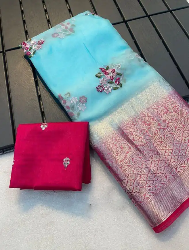 MS 431 Blue Color Nylon Organza Jacquard Embroidered Saree Casual, Party Wear, Wedding, Events, Etc. Expected Delivery 4-6 Working Days 1599/- | Sarees, Bollywood Sarees, Creative Sarees, Designer Sarees, Embroidered Sarees, Ethnic Saree, Modern Digital sarees, Party Wear Sarees